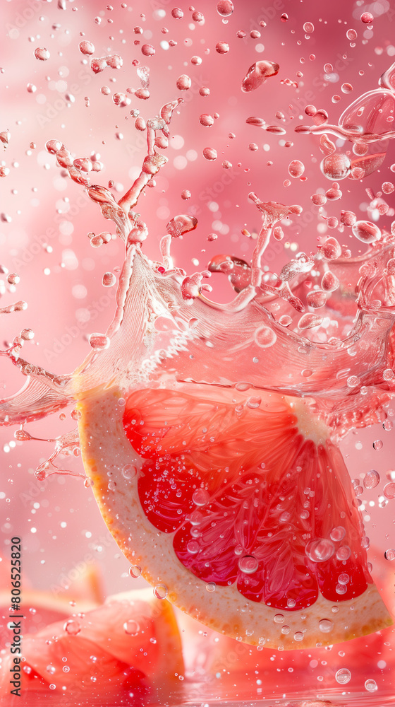 In this captivating image, vibrant pink water erupts in a dynamic splash, beautifully juxtaposed against the refreshing slice of grapefruit, all set against a striking solid red background. The frozen In this captivating image, vibrant pink water erupts in a dynamic splash, beautifully juxtaposed against the refreshing slice of grapefruit, all set against a striking solid red background. The frozen