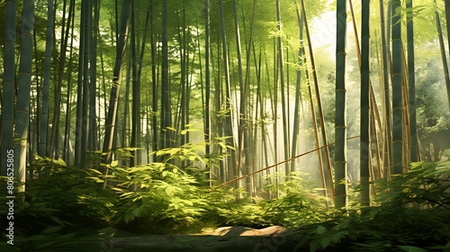 Panoramic view of a green forest in the morning with sunlight