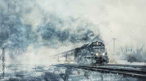 Watercolor scene of a diesel train cutting through a blizzard, the harsh weather conditions rendered in stark whites and grays against the dark train silhouette photo
