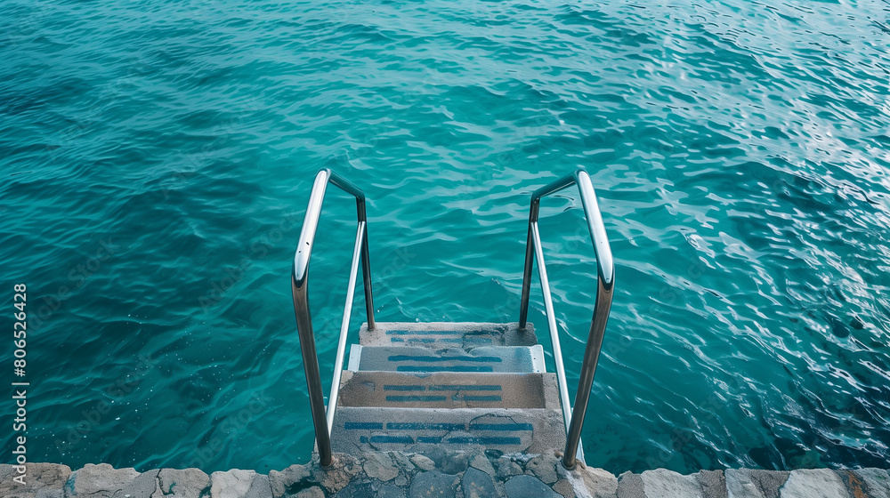 This vintage photograph presents a captivating view from above of a stairway leading into the water, featuring a metal swimming platform with a handrail for safety. Set against the backdrop 