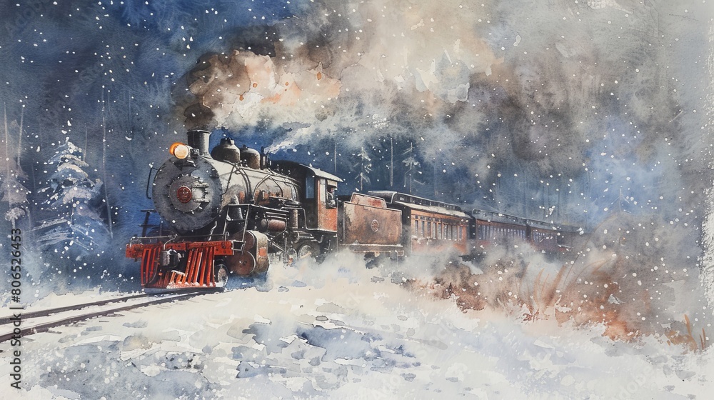 Watercolor of a steam train chugging through a snowy landscape, white mist from the engine blending with the falling snow