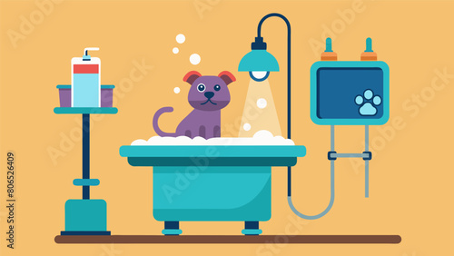 A grooming station with adjustable water pressure and temperature settings to make bath time more enjoyable for your pet.. Vector illustration