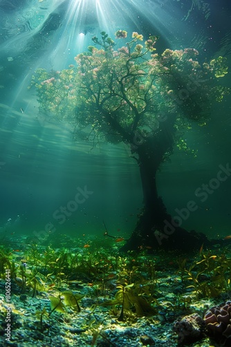 Discover the tranquility of a submerged forest clearing, where sunlight filters through the water, illuminating a peaceful underwater, Generative AI