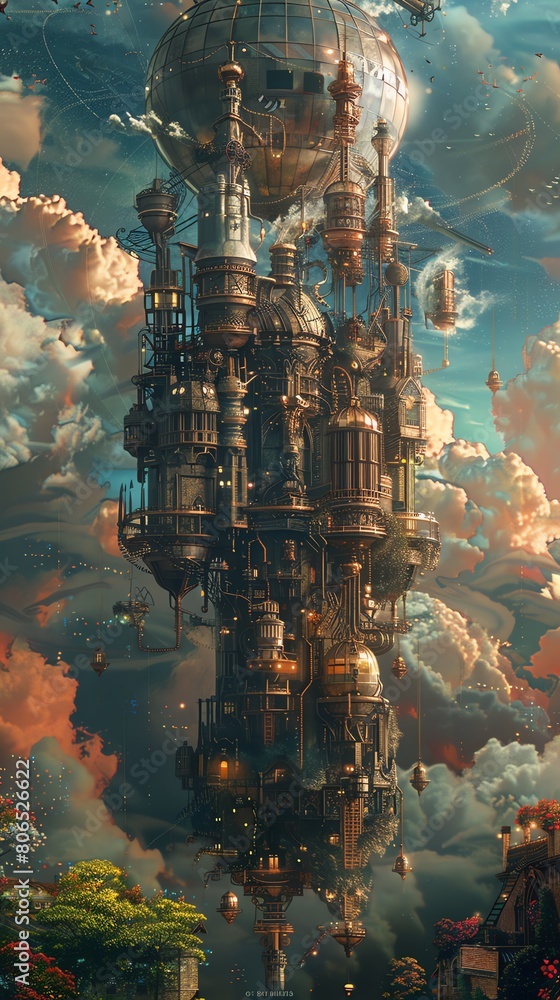 Obraz premium Step into a whimsical steampunk cityscape suspended in the clouds, where mechanical wonders and botanical beauty intertwine in a harmonious dance of color and imagination