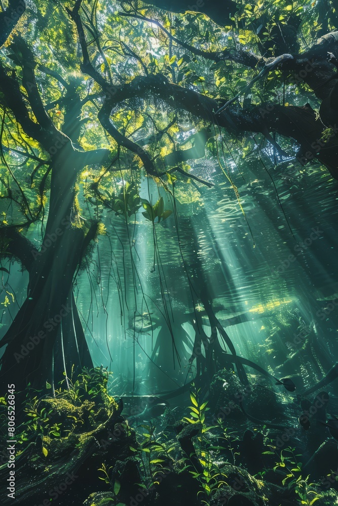 Dive into the surreal beauty of a submerged forest, where sunlight filters through the water, casting an ethereal glow, Generative AI