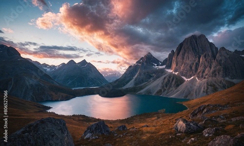 Stunning Sunset Over a Mountain-Encircled Lake with Dramatic Sunlit Clouds