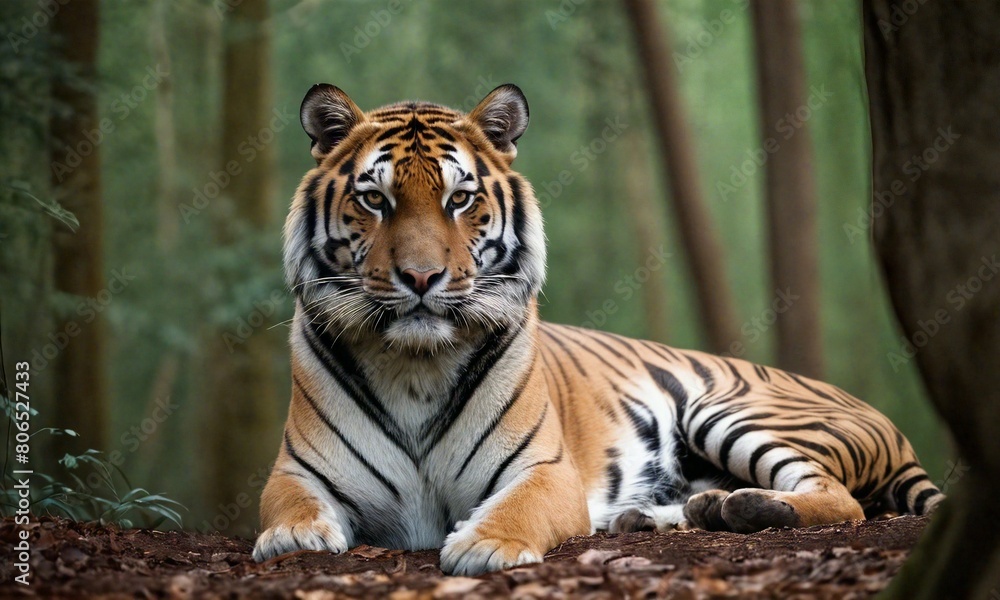 Fototapeta premium A Bengal Tiger's Tranquil Moment in the Jungle