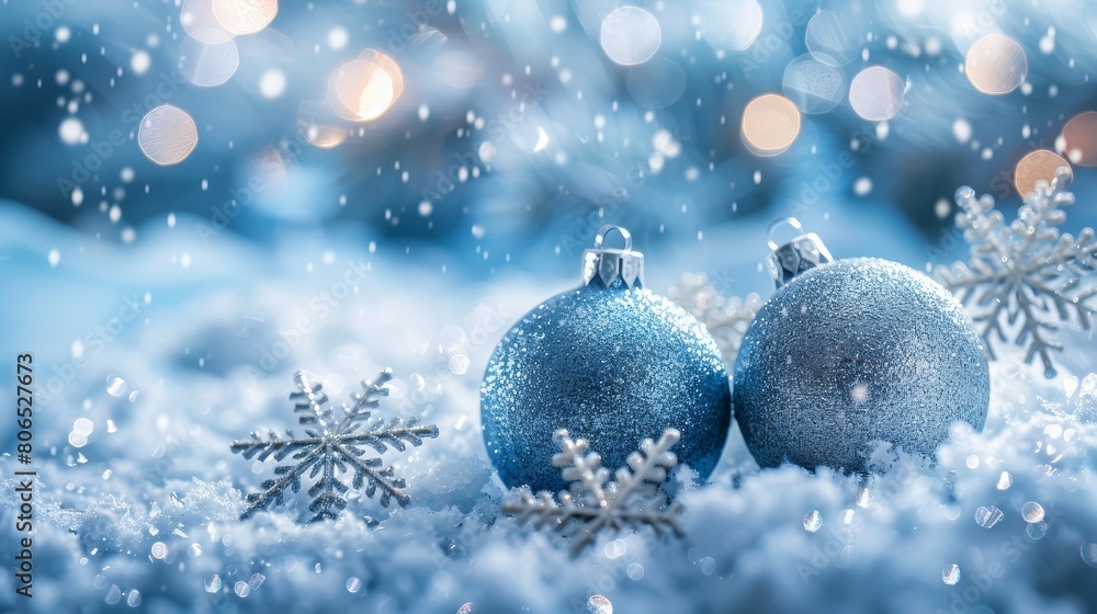 A delightful winter scene adorned with delicate snowflakes and sparkling balls A delightful winter scene adorned with delicate snowflakes and sparkling balls
