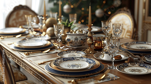 Festive Table Setting with Traditional Dishware and Cutlery