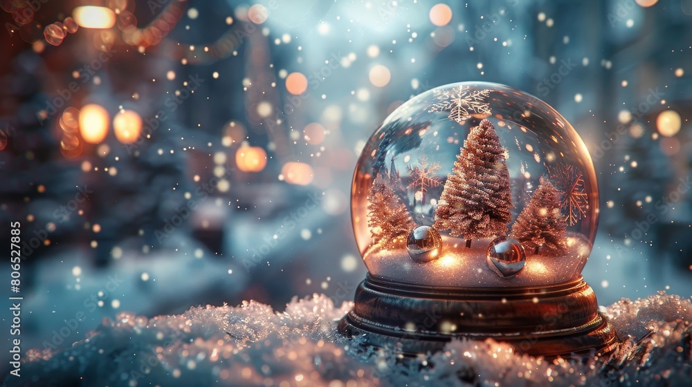 A festive Snow Globe filled with festive snowflakes and radiant balls A festive Snow Globe filled with festive snowflakes and radiant balls