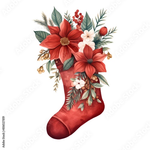 Watercolor Christmas sock with poinsettia flowers, berries and leaves on white background