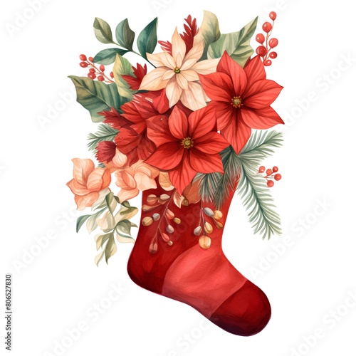 Christmas sock with poinsettia flowers and berries. Watercolor illustration