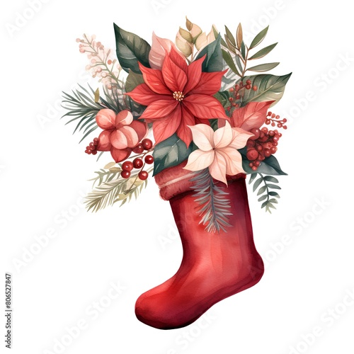 Christmas sock with poinsettia, holly, ivy, eucalyptus, berries. Watercolor illustration.