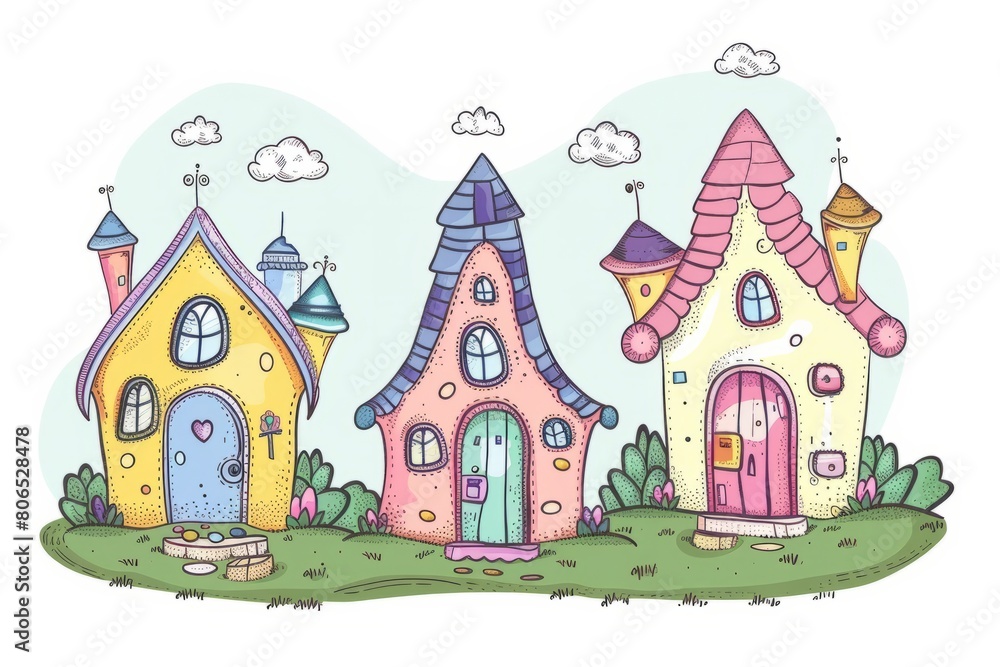 Cartoon cute doodles of mirror world houses with doors on their roofs and windows on their floors, welcoming visitors with upside-down smiles, Generative AI