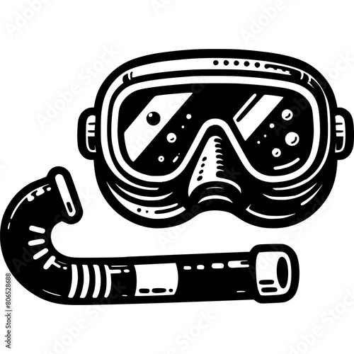 Freediver breathing tube and diving mask in monochrome. Equipment for underwater recreation. Simple minimalistic vector in black ink drawing on transparent background