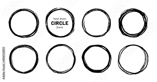 Round circular logo hand drawn brush stroke icon frame element. Round logo frame hand drawn texture brush stroke. Circle doodle ink black shape. Rough grunge circular. Vector illustration. photo