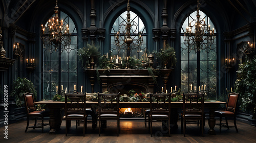 Moody gothic dining room with dark walls, candle chandeliers, and a long, antique wooden table, © Humaira