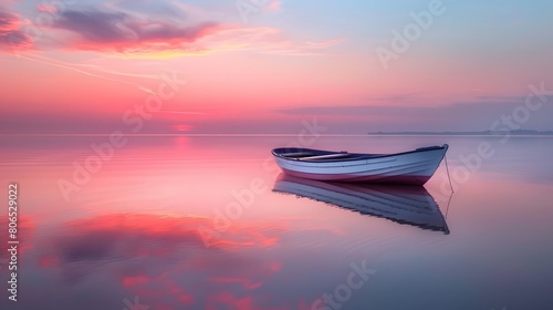 A boat floating on calm waters at dawn, reflecting the pastel sky in its reflection. The scene is peaceful and serene © horizor