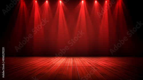Red background wall with wooden floor, spotlight shining on the stage