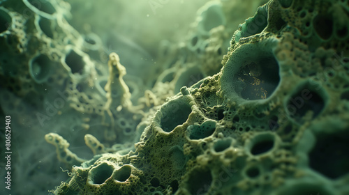 Abstract space green background. Close-up of the surface of microbes or bacteria dangerous to humans. The concept of studying life