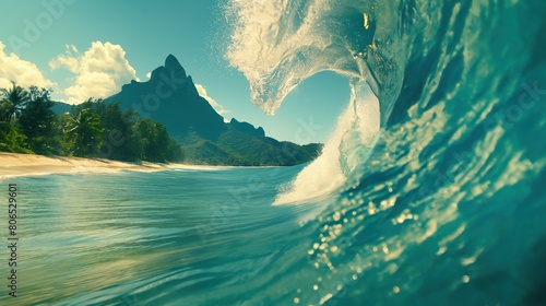 Paisagem deslumbrante capturada dentro de uma onda, com um ângulo que revela a praia e a natureza ao redor, transmitindo a beleza e a serenidade do mar photo