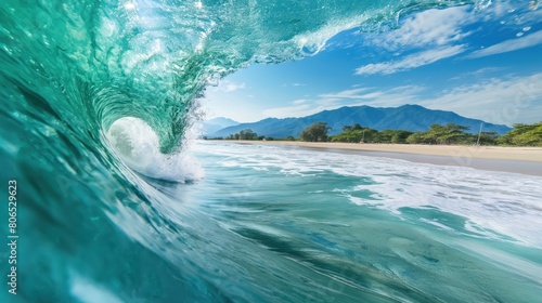 Paisagem deslumbrante capturada dentro de uma onda, com um ângulo que revela a praia e a natureza ao redor, transmitindo a beleza e a serenidade do mar photo