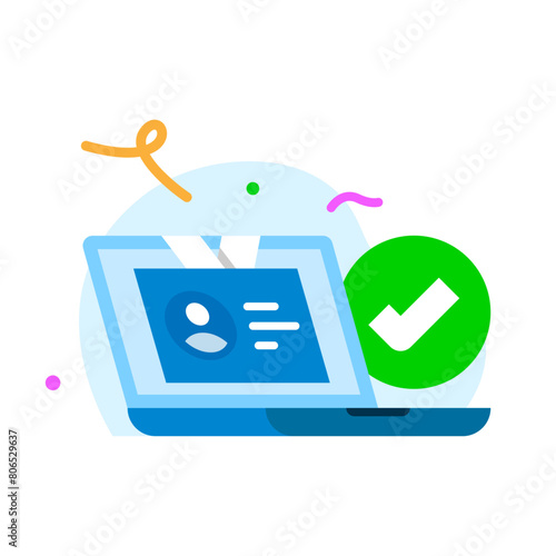 registration successful, account successfully created. id card on laptop screen concept illustration flat design. simple modern graphic element for ui, infographic, icon