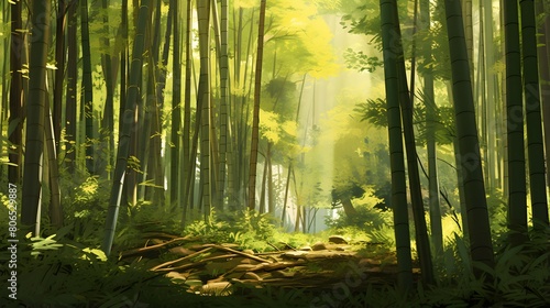 Morning in the forest. Panoramic view of a forest with sunbeams