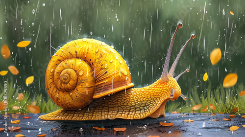 illustration of a snail in the rain flat style