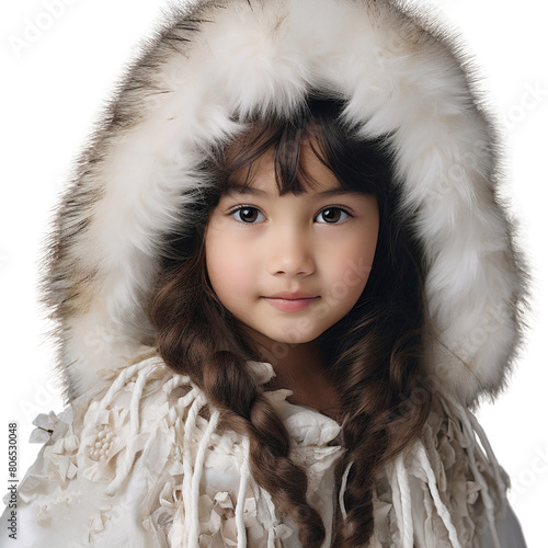 Smiling little girl in a fur jacket, isolated on transparent background