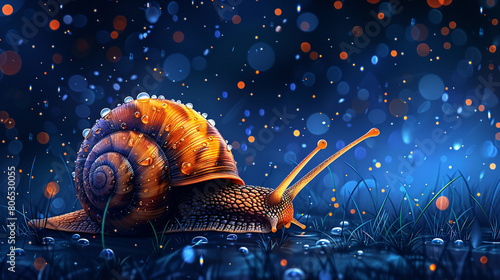 illustration of a snail in the rain flat style