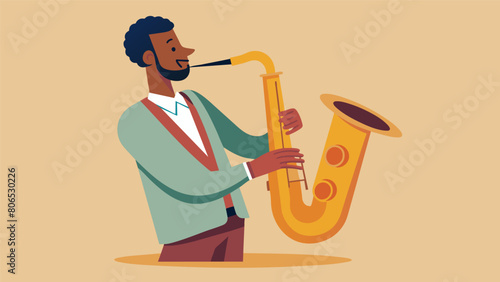 A saxophonist blowing smooth notes through a saxophone made from a reclaimed copper pipe.. Vector illustration