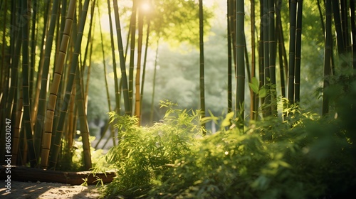 Panoramic view of a bamboo forest with sunlight in the morning