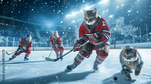 cats dressed in Canadian hockey uniforms playing on ice