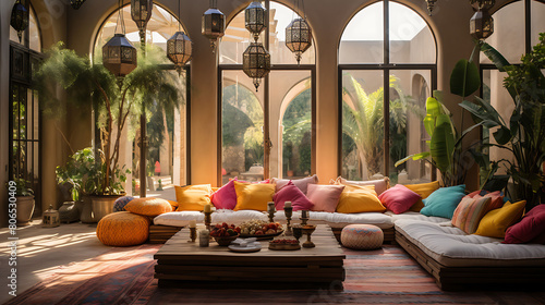 Moroccan-inspired lounge with colorful floor cushions, lanterns, and a low brass table,