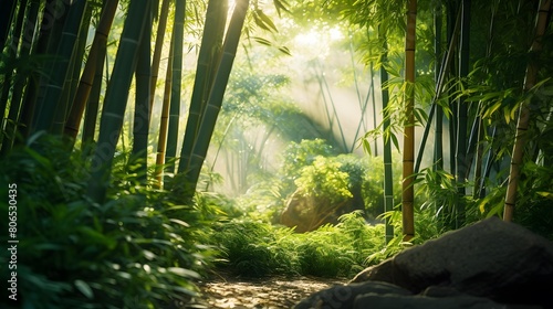 Panorama of bamboo forest in the morning with sunlight in the morning