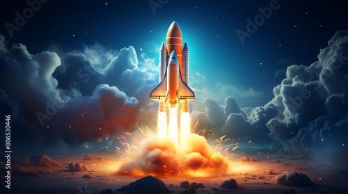 In the center of an epic space scene, there is a powerful rocket launching into a deep blue sky with dark clouds in the background photo