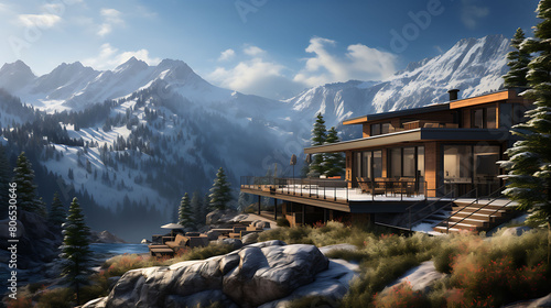 Mountain cabin exterior with a wraparound deck, hot tub, and a view of snow-capped peaks,