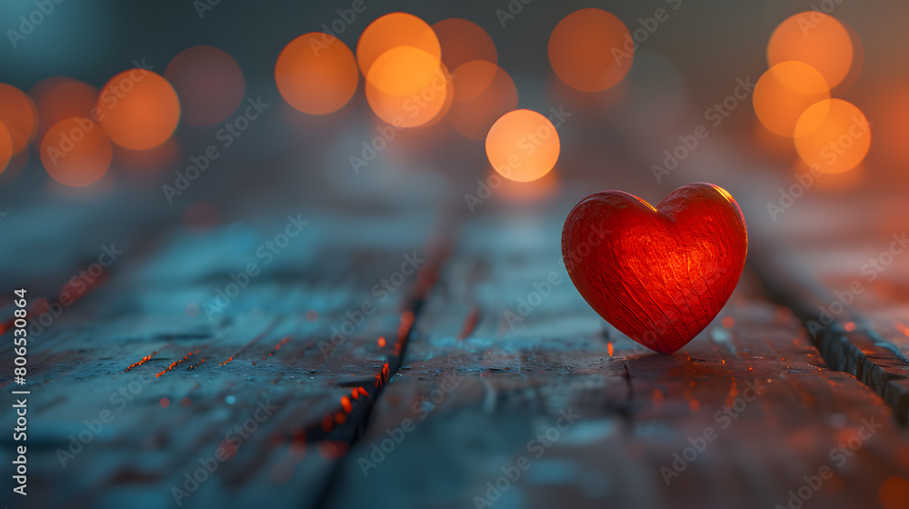 Red Heart on Wooden Surface with Bokeh Lights Red Heart on Wooden Surface with Bokeh Lights