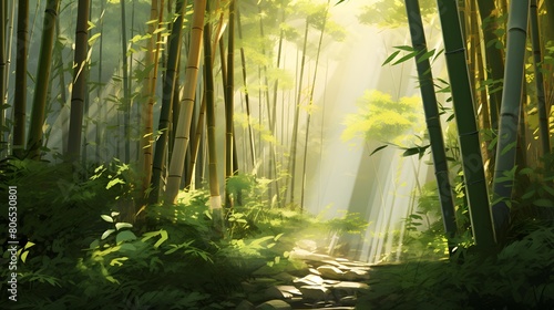 Bamboo forest in the morning light. Panoramic image.