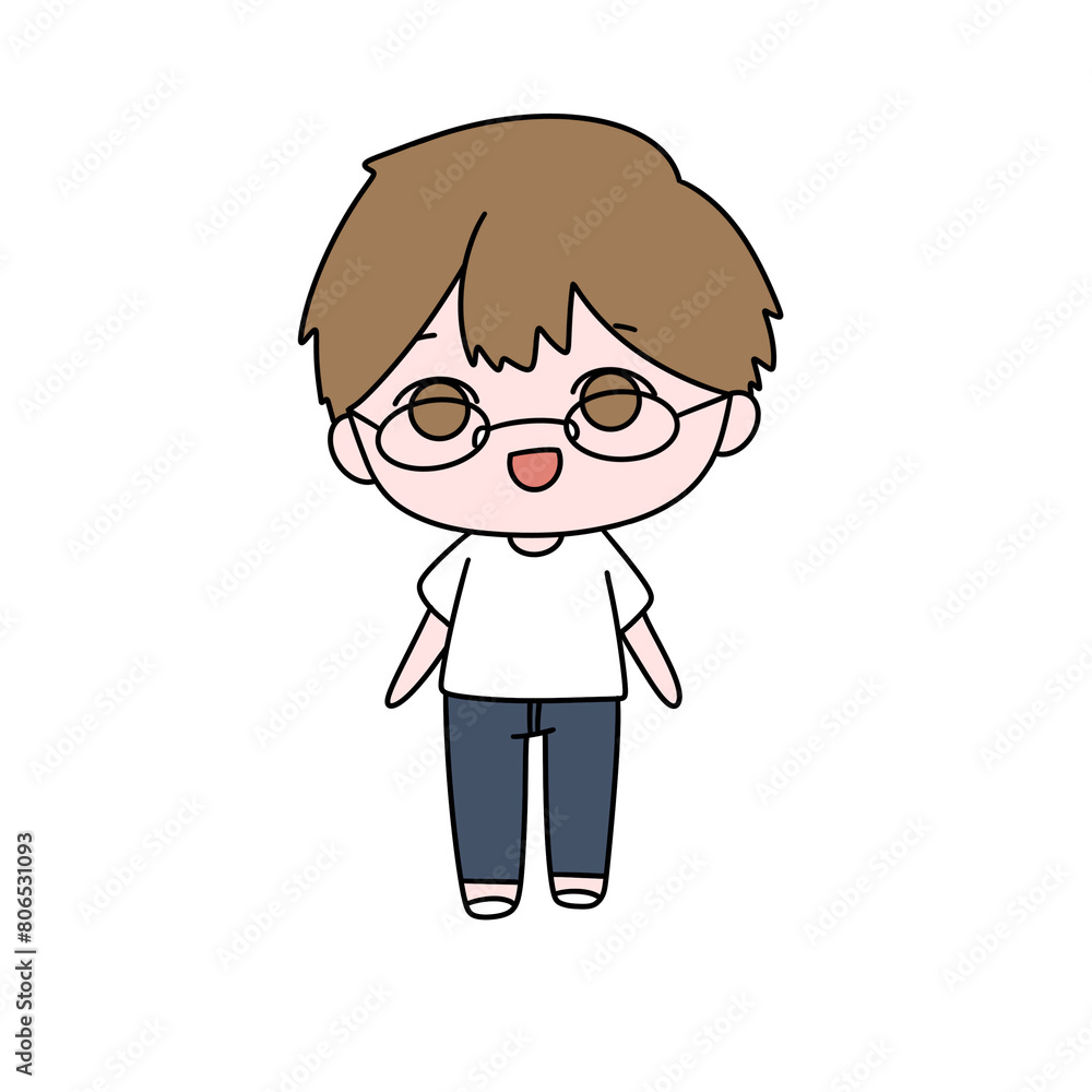 A cartoon boy with glasses and a white shirt is smiling A cartoon boy with glasses and a white shirt is smiling