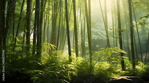 Panoramic view of a green forest with sunlight in the morning