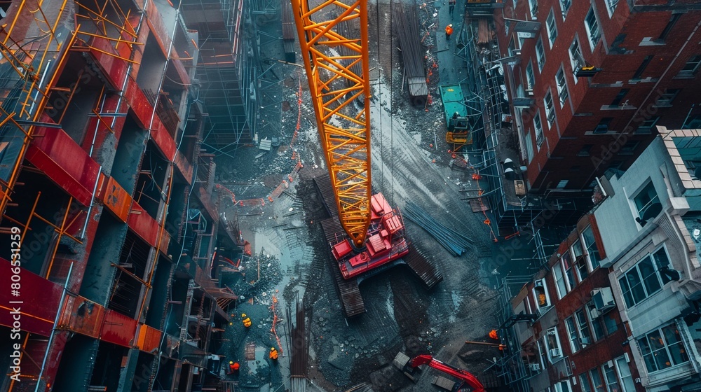 Naklejka premium Overhead view of a construction site, crane maneuvering amidst rebarladen frameworks, busy city environment