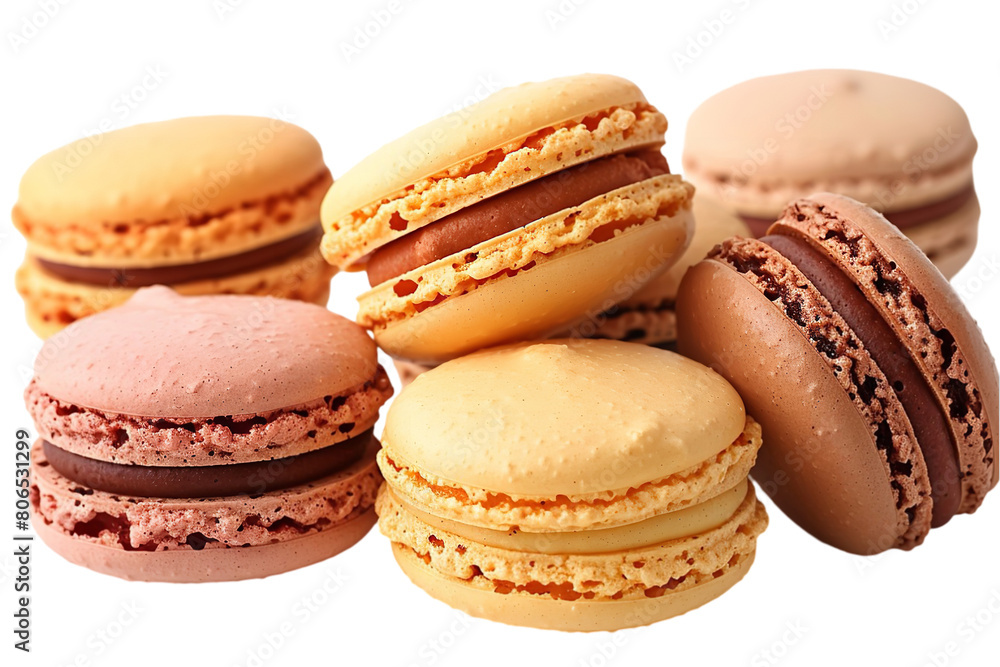A horizontal view of macarons isolated on a plain background or PNG for food type poster or graphic use, Generative AI.