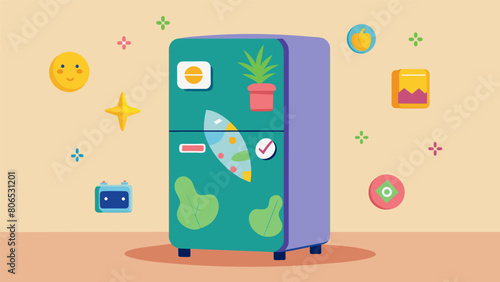 A reused and repainted minifridge decorated with sustainable stickers and magnets adding personality and sustainability to the room.. Vector illustration