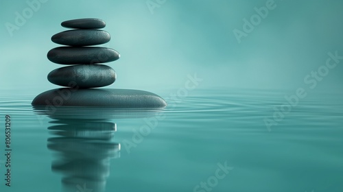 A perfectly balanced stack of smooth  river stones  set against a solid  tranquil aqua studio background  evoking a sense of balance  peace  and the simple beauty of nature. 