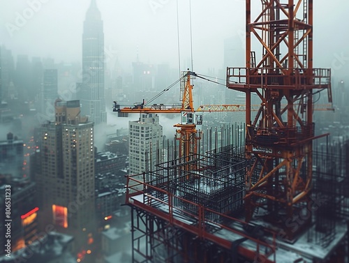 Crane at work on a high-rise construction site, intricate rebar structures, against a backdrop of bustling and busy city life