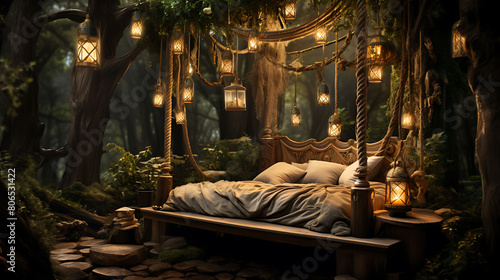 Mystical forest treehouse with rope bridges, lanterns, and a canopy bed, photo