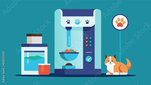 An automated feeder that not only dispenses food but also dispenses supplements and medication at specific times making it easier for pets with. Vector illustration
