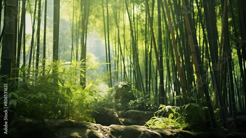 Panoramic view of the green forest. Bamboo grove